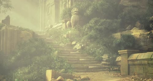 Mysterious Mist Envelops Ancient Stone Staircase in Overgrown Garden