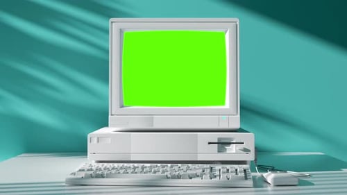 Retro computer green screen technology mockup element in home workspace 4k