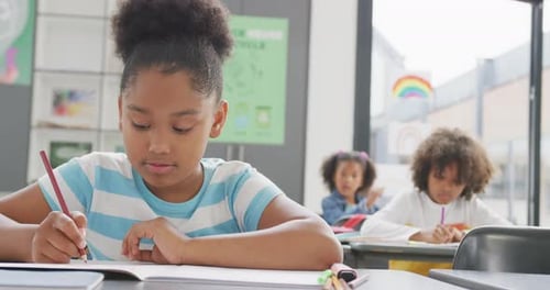 Video of biracial schoolgirl sitting at desk writing in school class