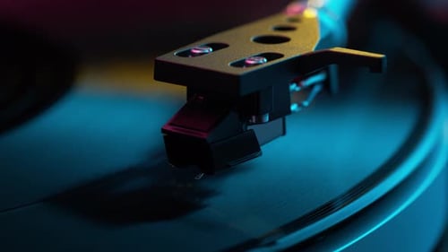 Black Record Spinning on Turntable Close Up
