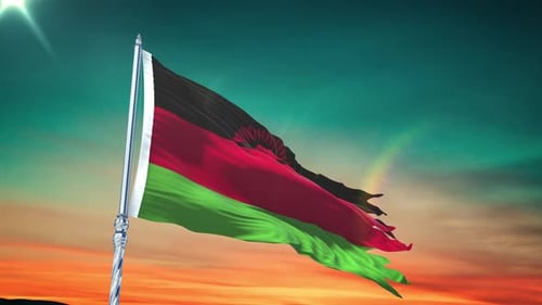 Realistic Malawi Flag Waving Animation on Sunset Background Loop