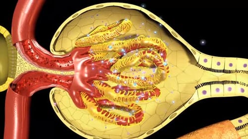Microscopic view of human kidney nephron filtration process