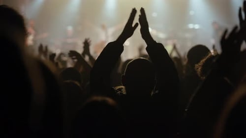 Energetic Crowd Clapping at Concert in Dark Venue