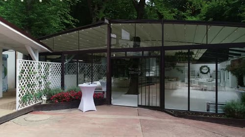 Slider Shot Of Modern Wedding Venue, Indoor Restaurant, White Setup, Vintage Car