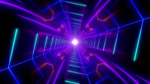 Un tunnel lumineux au néon vibrant crée une cyberexpérience dynamique et futuriste