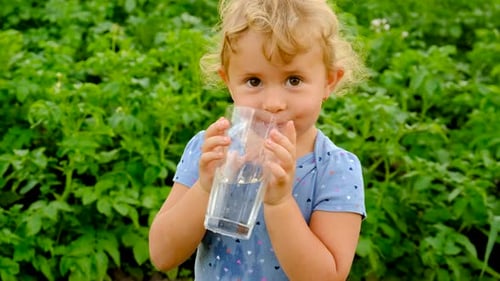 a Child Drinks Water in the Garden Selective Focus
