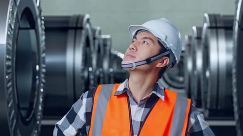 Close Up Of Asian Male Engineer Looking Around With Arms Akimbo In Metal Factory