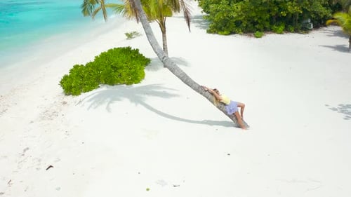 Beautiful Woman Lies on a Palm Tree on a White Sand Beach and Turquoise Sea on Tropical Island