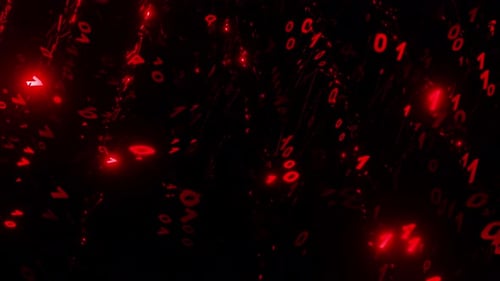 A binary matrix of red ones and zeros moving in a wave and flashing. Digital background concept