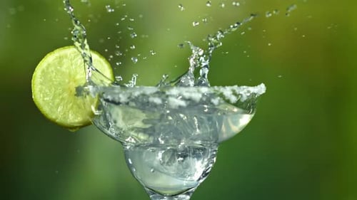 Ice Falls Into a Margarita Cocktail Filmed on a Highspeed Camera at 1000 Fps