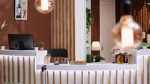 Five Star Hotel Lobby with Empty Front Desk at Reception