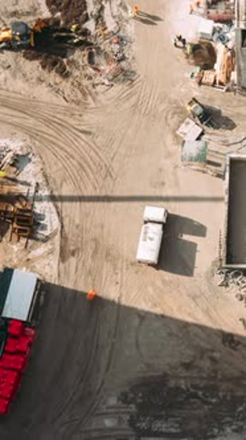 Vertical Hyperlapse Preparation Of The Concrete Mortar At Construction Site Excavator And Other