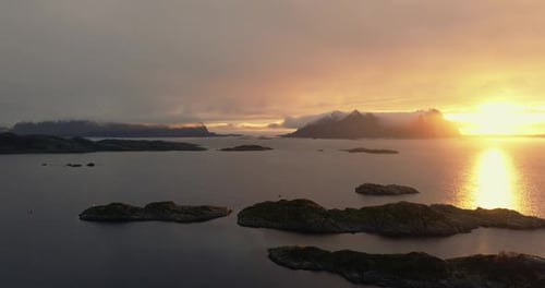 Drone View of Sunset Sky and Seawater with Mountains in Lofoten Islands Norway