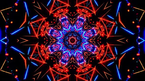 Flying through a neon tunnel with rings. Kaleidoscope VJ loop