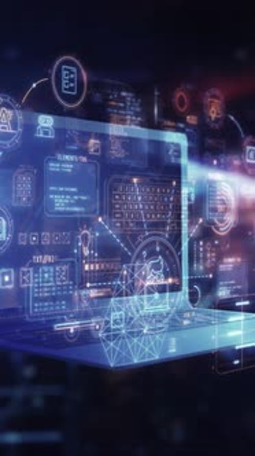 Futuristic Laptop Showing Hologram Data Flowing on Planet Earth Background