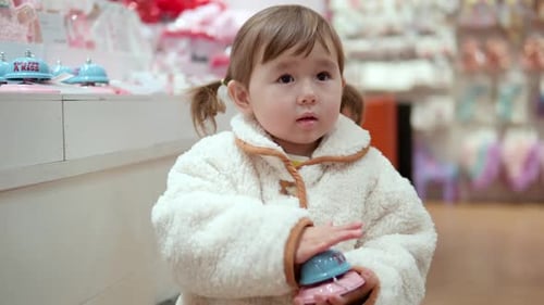 Cute 3-Year-Old Girl Toddler Playing Pressing The Button Of A Call Bell Toy In A Shopping Mall. - Me