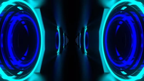 Blue And Cyan Neon Strobe Rings In Tunnel Background Vj Loop In 4K