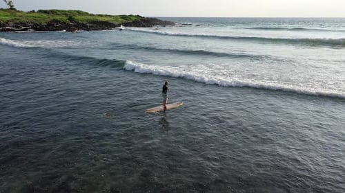 Aerial view of a paddleboarder on a sup board paddling in the ocean in the waters of Reunion Island