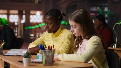 Mädchen im Teenageralter konzentrieren sich darauf, die erforderlichen Bücher am Schreibtisch zu lesen