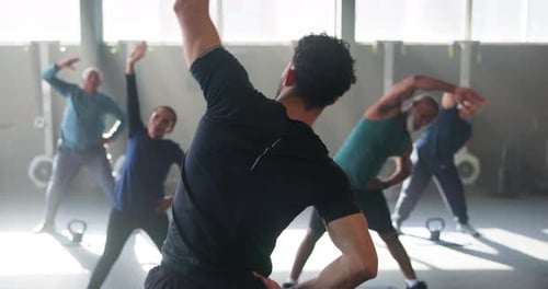 Stretching, gym and coach with senior people for training, exercise or warm up for workout
