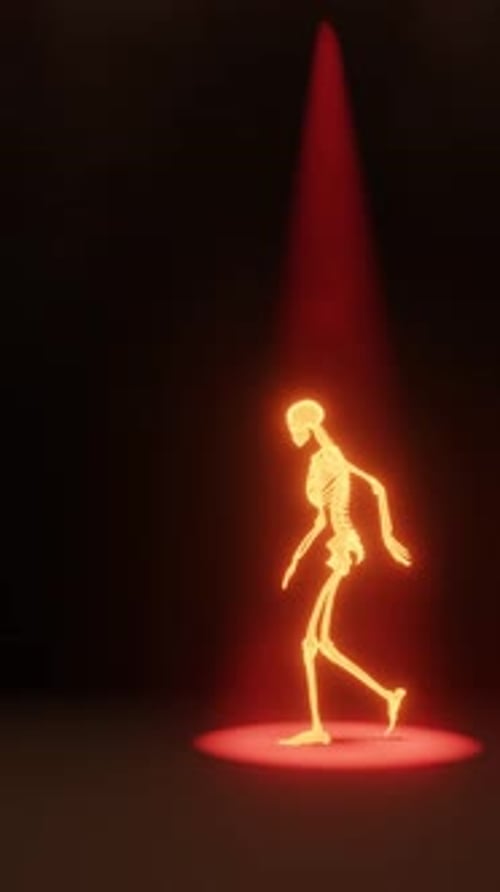 3D Glowing Skeleton Walking Animation in Red Spotlight