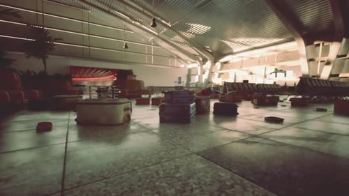 Abandoned Airport Interior with Scattered Luggage and Empty Seating Areas