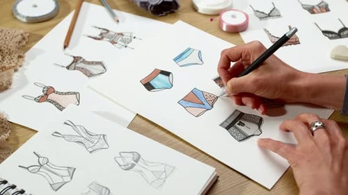Fashion Designer Sketching Undergarments in Studio