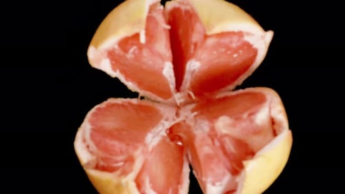 In Stücke geschnitten, dreht sich eine Grapefruit, bewegt sich nach unten und kommt in den Fokus der Kamera.