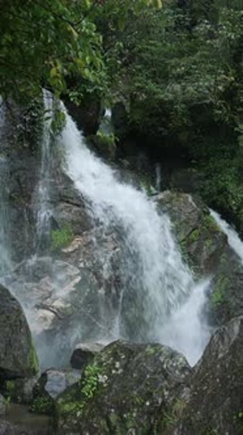 Vertical Waterfall and Rocks in Jungle Scenery, Small Waterfall Landscape in Rugged Rocky Scene in t