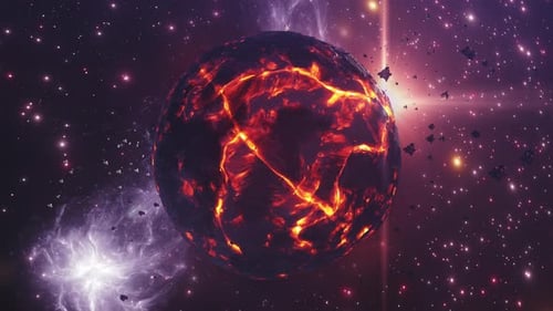 Großer sterbender Alienplanet mit heißem Magma, Sonnenaufgang, 4K