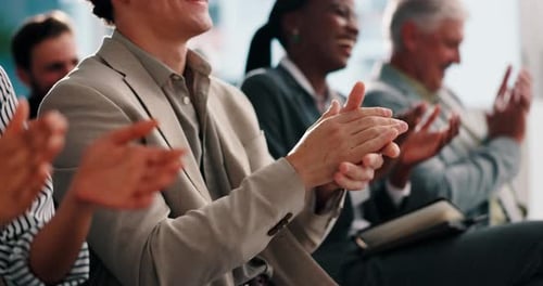 Audience, applause and hands in workshop, celebration or success for training session or group