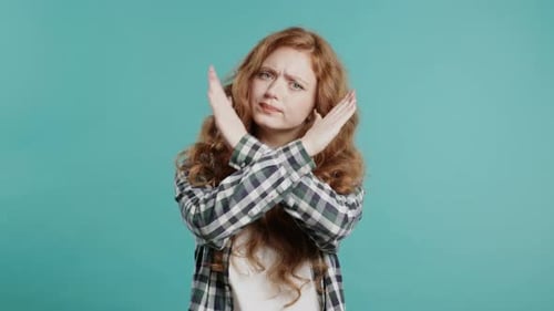 No Never Pretty Red Haired Woman Disliking and Rejecting Gesture By Stop Crossing Hands Sign Cute