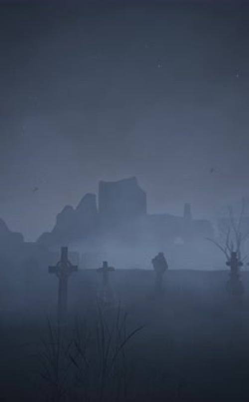 Old abandoned cemetery with tombstones sticking out in all directions, near ancient ruins. Halloween