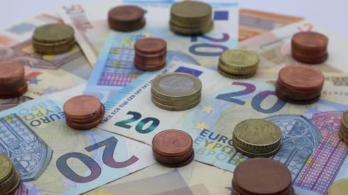 Euro Coins and Banknotes Close Up Money Pile