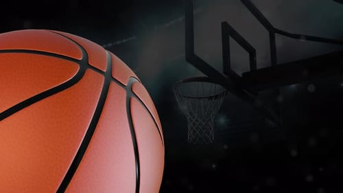 Rotating Basketball and Hoop in Dark Stadium