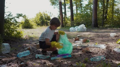 A Boy Cleans the Woods Reflecting on His Commitment to Nature