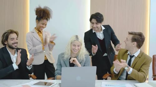 Happy boss and colleagues office team applaud support successful proud best female business leader