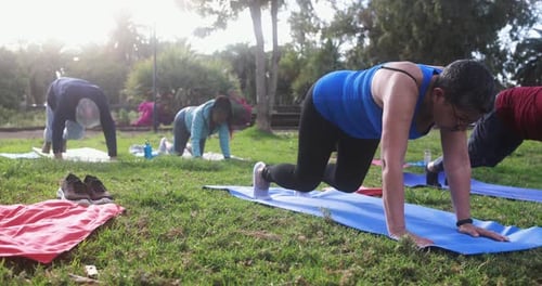 Multiracial Senior People Doing Yoga Exercises Outdoor with City Park in Background