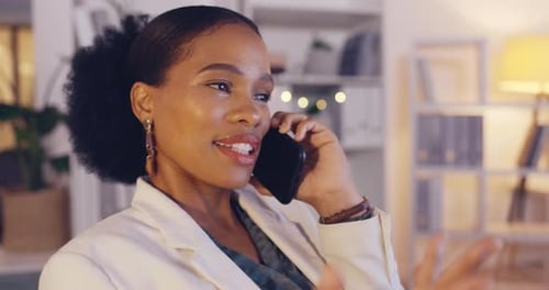 Phone call communication, face and office black woman networking, chat or consulting with business