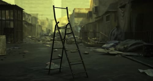 Grungy Old Ladder Stands Alone in a Ruined City Street