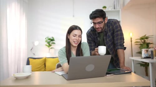 Smiling Couple Work on Laptop Computer at Home