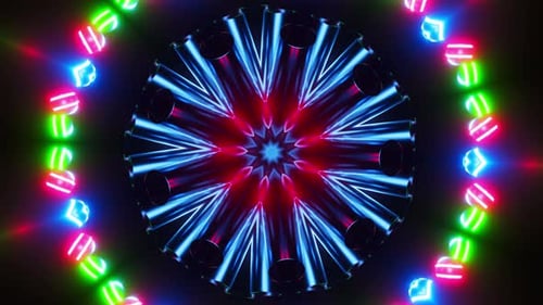 Circular light design with blue and red lights. Kaleidoscope VJ loop