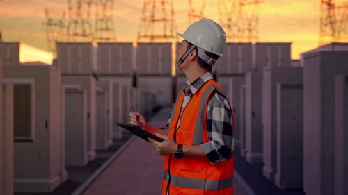 Side View Of Asian Male Engineer Taking Note On The Tablet with High Voltage Power