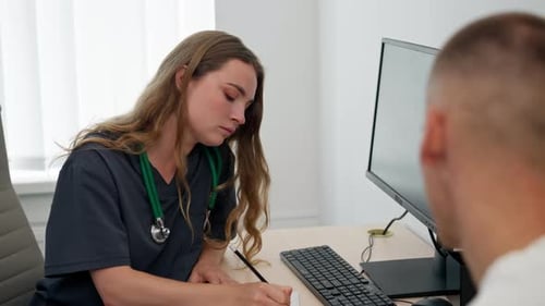 Close Up in a Modern Clinic in a Small Therapist s Office a Young Girl Doctor with a Stethoscope