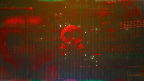 Glitch Effect Digital Skull and Crossbones Warning Animation
