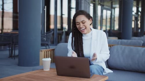 Portrait Young Woman Girl Sitting Outdoors in Urban City Use Laptop Making Video Call Online