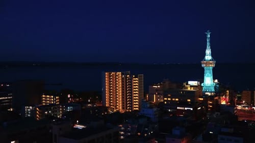 Beppu City and Tower at Night, Establishing Shot of City, Kyushu Japan