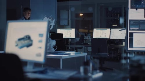 Professional Heavy Industry Robotics Engineer Wearing White Coat Holding Tablet Computer Walks Thro