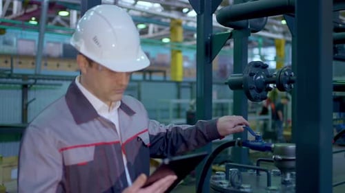 Engineer Man Worker Tablet Heavy Industry Plant Construction Factory Oil Gas Pipeline Manufacture