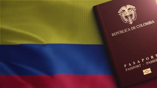 Waving Colombian Flag and Passport Background